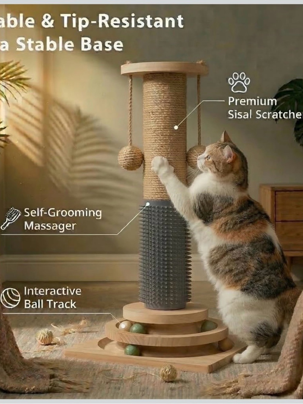 Premium Cat Scratching Post with Self-Grooming Massager - Beige/Tan